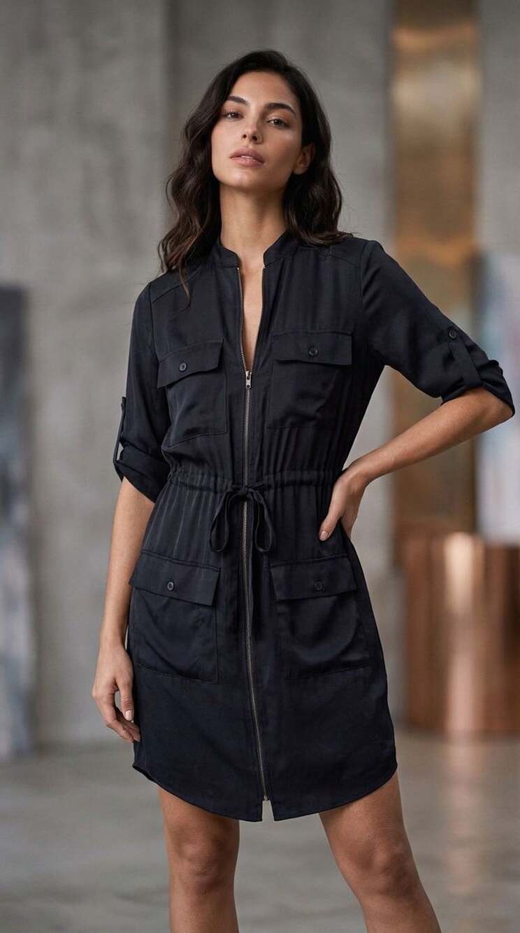 BCBGMAXAZRIA Cargo Shirtdress Size M Black Zip Front Utility Dress